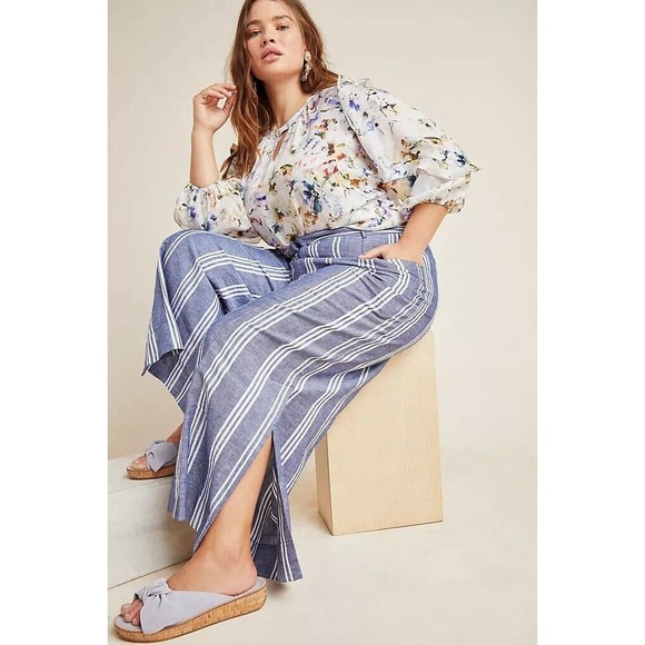 Anthropologie Pants - Anthropologie A+ Beachy Wide Leg Pants Womens 16W Blue Stripe Linen Blend